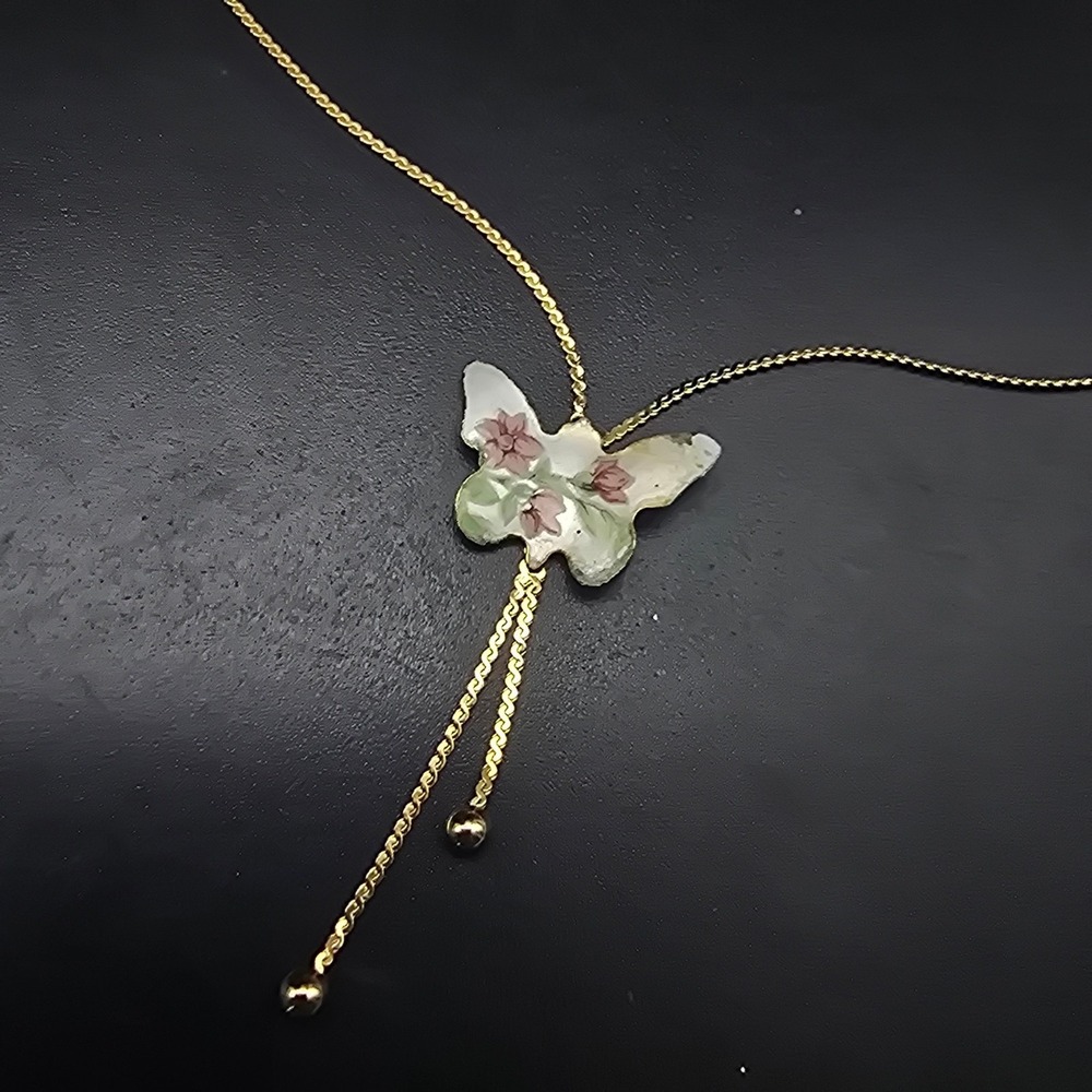 Gold Filled Enamel Butterfly Bolo Necklace Vintage Costume Jewelry